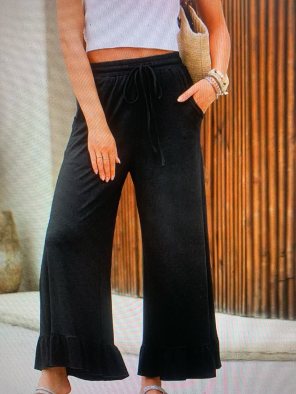 Wide Leg Ruffle Hem Pull-On Pants - Black - Picture 3 of 4